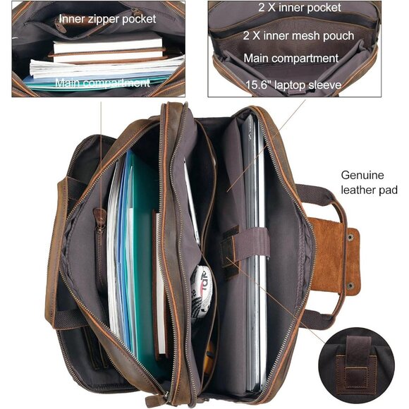 ⚡Men Deep Brown Fits 15.6 Inch Laptop Crossbody Bag Attached Leather Briefcase - Picture 4 of 9